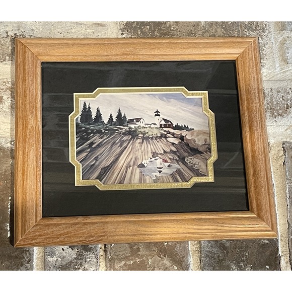 Light House Scene Art Print Nancy‎ Balyeat Hidden Verse Wooden Framed 12" X 10" - Picture 1 of 7